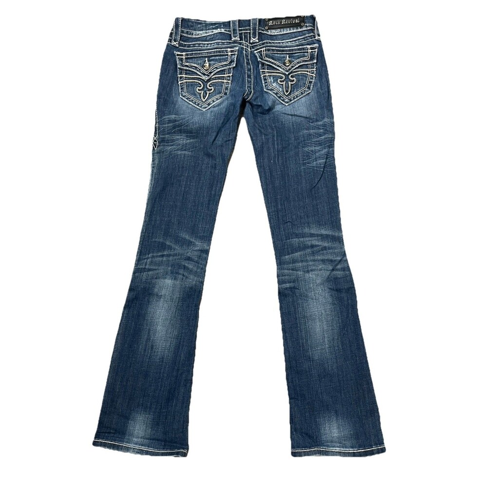 Rock Revival Jeans Distressed Low Rise Boot Cut Y2k Flap Pockets Rhinestone 26